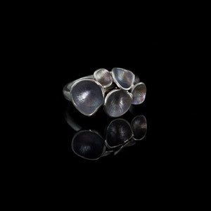 K&ouml;nnte beinhalten: Ein silberner Ring mit einer Gruppe von f&uuml;nf strukturierten, abgerundeten, Bl&uuml;tenblatt-artigen Formen. Der Ring hat eine dunkle, fast schwarze, oxidierte Oberfl&auml;che.