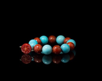 CORAL MAGNESITE SPHERES | Bracelet with Precious Coral Charm