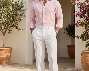 Men's 2-Piece Summer Suit Set: Light Pink Linen Shirt & White Tailored Trousers | Beach Wedding Outfit | Casual Resort Wear for Men