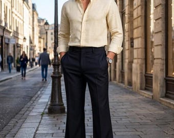 Completo da uomo in stile vintage a due pezzi / Camicia in lino color crema e pantaloni neri a zampa / Abito retrò anni '70 con pantaloni a campana / Taglia standard personalizzata