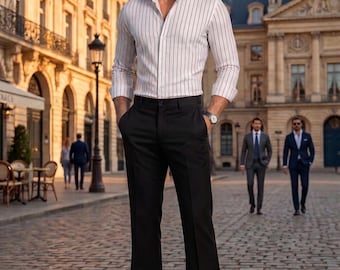 Klassisches 2-teiliges Herren-Business-Set – Weiß gestreiftes Hemd & Schwarze Anzughose | Businesskleidung | Maßgeschneiderte Herrenmode