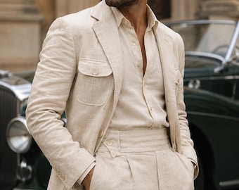 Men's Beige Linen Safari Suit, 2 Piece Vintage Linen Blazer & High Waist Pants, Luxury Summer Wedding Suit, Old Money Outfit, Casual  Suit