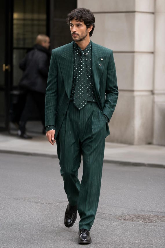 Emerald Green Pinstripe Men's Suit | Double Breasted Vintage Inspired Suit | Luxury Wedding Suit