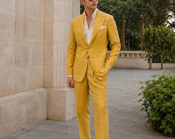 Mustard Yellow Men's Suit, Summer Wedding Suit for Groom, Linen Look Tailored 2 Piece Suit, Prom & Party Outfit