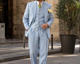 Abito da uomo a tre pezzi in lino azzurro / Abito da sposo vintage per uomo / Abito da sposo estivo / Abito formale retrò / Completo classico con gilet in lino