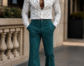 Pantalones acampanados verde azulado para hombre, pantalones de campana de rayón de felpa, pantalones de vestir de cintura alta estilo retro vintage de los años 70, pantalones hechos a medida