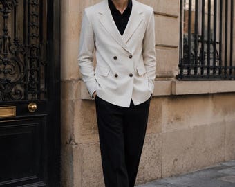 Men's Ivory Double Breasted Blazer Suit | Formal Wedding Suit for Men | Cream Tailored Jacket with Black Wide Leg Trousers | Modern Outfit