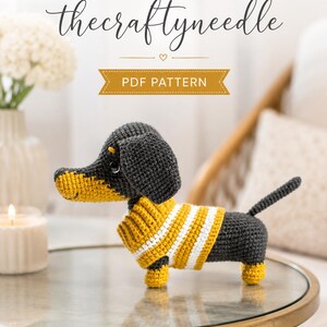 Wzór na szydełkowego jamnika w formacie PDF, samouczek wykonania pluszowego pieska z amigurumi, wzór na uroczą zabawkę-szczeniaka szydełkowego, ręcznie robiony wzór na szydełkowego psa