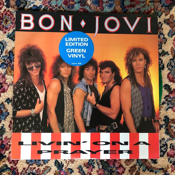 Bon Jovi Livin' On A Prayer 12" single Green Vinyl Verxr 28 Limited Edition 1980's Arena Rock Singles Hair Bands Vintage Vinyl Records