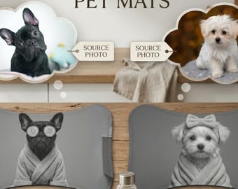 Custom Pet Portrait Mat, Dog Cat Bowl Placemat, Spa Day Design, 19x14