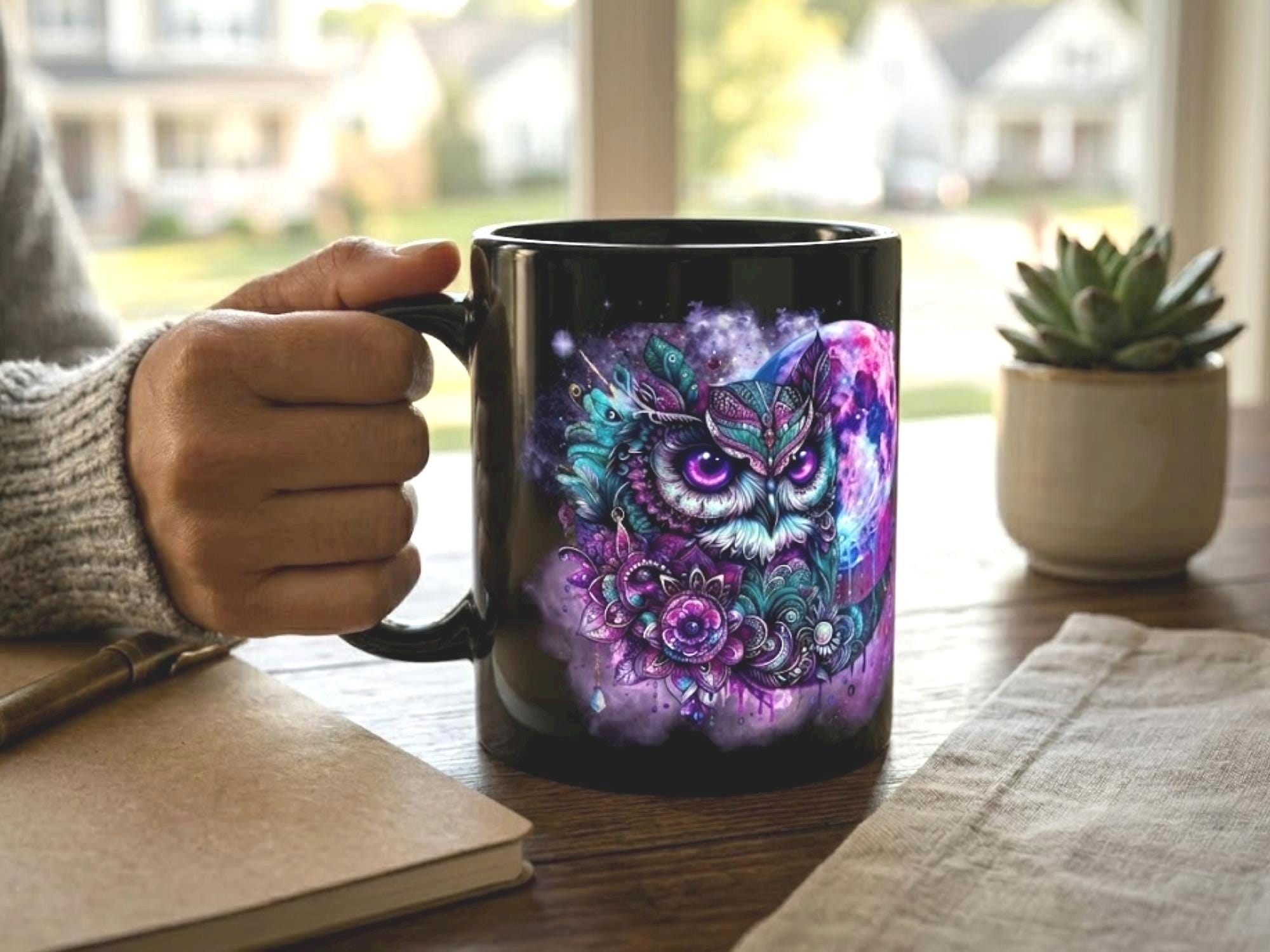 Mystical Owl Mug, Find Wisdom in Darkness, Witchy Moon Cup, Gothic Gift (11oz 15oz)
