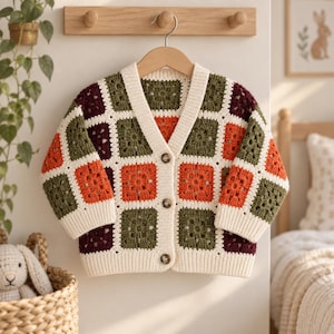 May include: A long-sleeve V-neck cardigan made of crocheted granny squares in shades of olive green, burnt orange, and deep maroon, framed by cream-colored borders. The garment features a cream-colored ribbed trim along the front and three brown buttons.