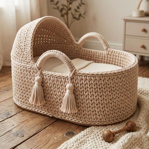 May include: A beige crochet bassinet featuring a rounded hood, two sturdy woven handles, and decorative tassels hanging from the handle bases. The interior contains a soft, cream-colored fabric lining, and the structure is oval-shaped.