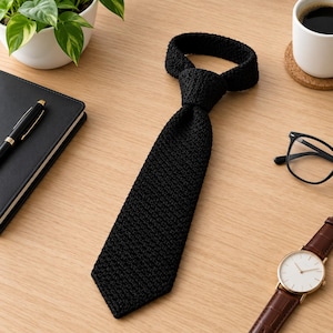 May include: A solid black necktie featuring a textured, knitted fabric construction. The tie is tied in a knot at the top, displaying a consistent woven pattern throughout the length of the accessory, with a pointed bottom edge and a matte finish.
