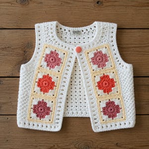 Puede incluir: Un chaleco de ganchillo blanco con diseño sin mangas, cuello redondo y un cierre de botón naranja. Los paneles frontales están decorados con cuatro motivos cuadrados de tipo granny en tonos de hilo rosa, coral y amarillo claro.