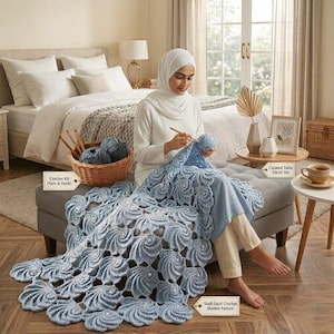 May include: A light blue crochet blanket featuring a repeating shell-swirl pattern with small white beads, being worked on with a wooden hook. A woven basket contains balls of blue yarn, and a label reads Crochet Kit (Yarn & Hook).