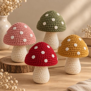 May include: Four crocheted mushroom figures with cream-colored stems and rounded caps in pink, olive green, red, and mustard yellow. Each cap features a pattern of small, white, circular crocheted spots distributed across the surface.