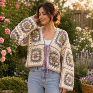 Cardigã de crochê para iniciantes com quadrados de vovó (PDF), suéter boho oversized, jaqueta com amarração frontal