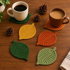 May include: A set of six crocheted leaf-shaped coasters in various colors including dark green, light green, yellow, and orange. The coasters are arranged with two ceramic mugs containing coffee and three small brown pinecones scattered around them.