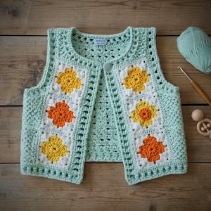 May include: A light mint green crochet vest featuring a front panel design of white granny squares with yellow and orange flower centers. The sleeveless garment has a single button closure at the neckline and a label reading Bartinovo.