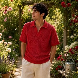 May include: A bright red short-sleeved polo shirt with a textured, open-knit crochet pattern, a wide collar, and a deep V-neckline, paired with light beige trousers. The shirt features a ribbed hem and sleeve cuffs in a matching solid red.