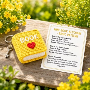 Puede incluir: Un llavero de mini libro tejido en amarillo con el texto blanco BOOK y un corazón rojo, unido a una anilla plateada con un dije de llave en forma de corazón. Junto a él hay una tarjeta blanca con el texto MINI BOOK KEYCHAIN - BASIC PATTERN.