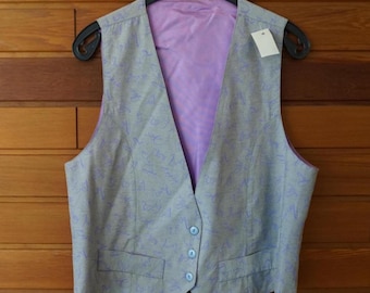 Kamizelka w stylu vintage z lat 80. i 90. – stylowa kamizelka do garnituru z nadrukiem graficznym w kolorze szarym i liliowym – unisexowa kamizelka retro, tylko jeden rozmiar
