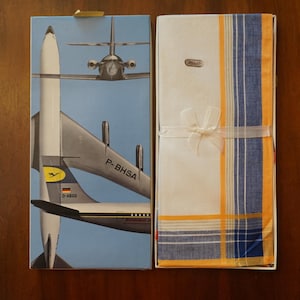 Vintage 70er Lufthansa Herren Taschentücher OVP NOS, Aviation Sammler Box Boeing 707, Retro Stofftaschentücher Karo Bunt 10er Set 41x41cm