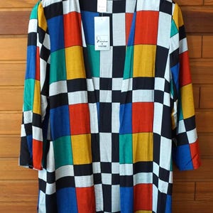 Vintage 80er 90er Blusenjacke Divina of Switzerland NOS Mondrian Geometrisch Colorblock Viskose | Longline Cardigan True Vintage Gr 44 XL L
