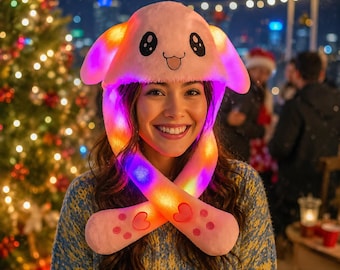 LED Light Up Bunny Ear Hat, Jumping Plush Rabbit Cap, Glowing Funny Costume Hat for Adults & Kids, Christmas and  Rave Party Bunny Ear Hat