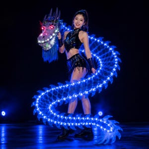 May include: A black sequined two-piece outfit consisting of a halter top and shorts, paired with a long, articulated dragon prop. The dragon head features red glowing eyes and silver scales, while its long, winding body is illuminated by bright blue LED lights.