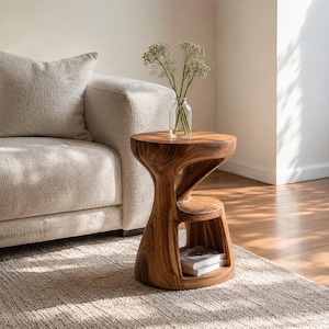 Modern Organic Minimalist Sculptural Wood Side Table with Low Storage