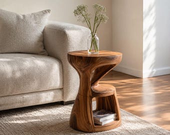 Modern Organic Minimalist Sculptural Wood Side Table with Low Storage
