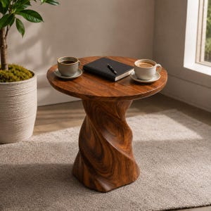 Mesa auxiliar redonda moderna de madera maciza con diseño escultural y orgánico.