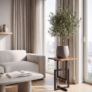 May include: A square wooden side table with a black metal frame featuring a tensegrity design held by four silver chains. The table supports a gray ceramic pot containing a green olive tree with slender leaves and a thin brown trunk.