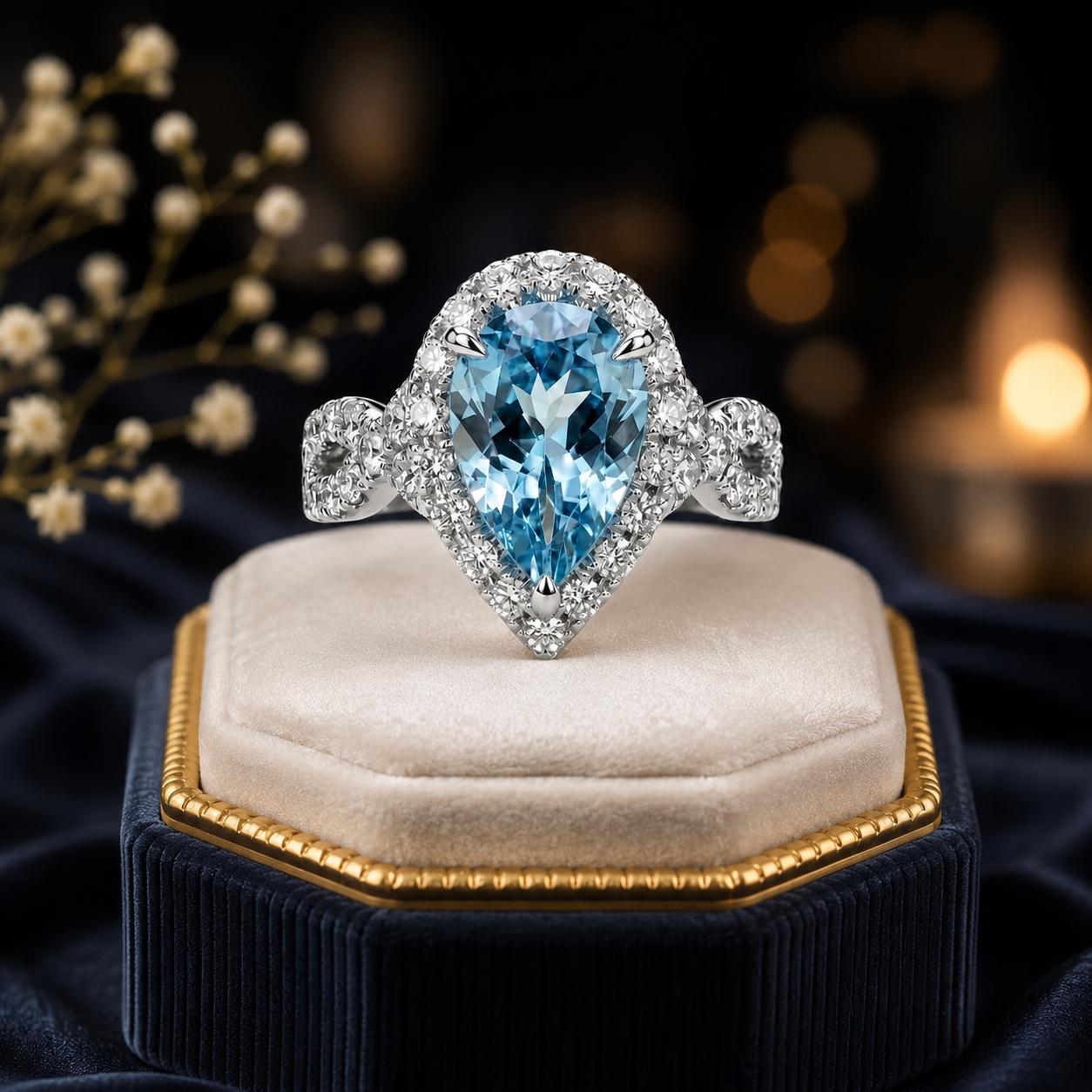 5.00 Carat Pear Cut Natural Aquamarine & Diamond Engagement Ring 14k Solid White Gold