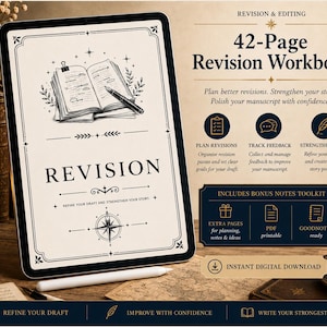 May include: A 42-page revision workbook displayed on a tablet screen. The cover features an open book illustration, a fountain pen, and a compass graphic. Text includes 'REVISION', 'Plan better revisions', 'Strengthen your story', and 'INCLUDES BONUS NOTES TOOLKIT'.