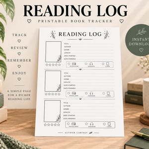 Puede incluir: Una hoja de registro de lectura imprimible en blanco con texto y gráficos de líneas en negro. El documento incluye secciones para título del libro, autor, género, duración, fechas y un sistema de calificación por estrellas con iconos.