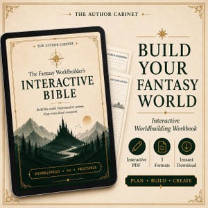 May include: A digital tablet displays The Fantasy Worldbuilder's INTERACTIVE BIBLE with a mountain and castle illustration. Beside it, text reads BUILD YOUR FANTASY WORLD, Interactive Worldbuilding Workbook, with icons for PDF, 3 Formats, and Download.