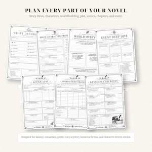 May include: A collection of seven black and white printable novel planning sheets. The pages include a Story Dashboard, Main Character Profile, World Overview, Event Deep Dive, Scene List, Word Count Tracker, and a Revision Checklist with boxes.