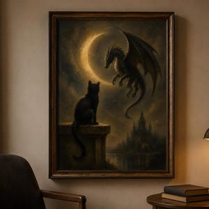May include: A framed wall art print featuring a dark, atmospheric scene with a black cat sitting on a stone ledge, looking up at a large, winged dragon hovering in the sky before a glowing crescent moon, with a distant castle silhouette below.
