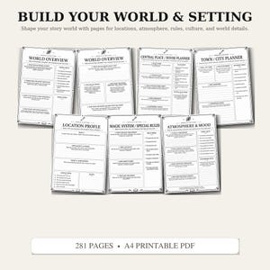 May include: A set of seven printable planner pages titled BUILD YOUR WORLD & SETTING, featuring sections for World Overview, Central Place/House Planner, Town/City Planner, Location Profile, Magic System/Special Rules, and Atmosphere & Mood.