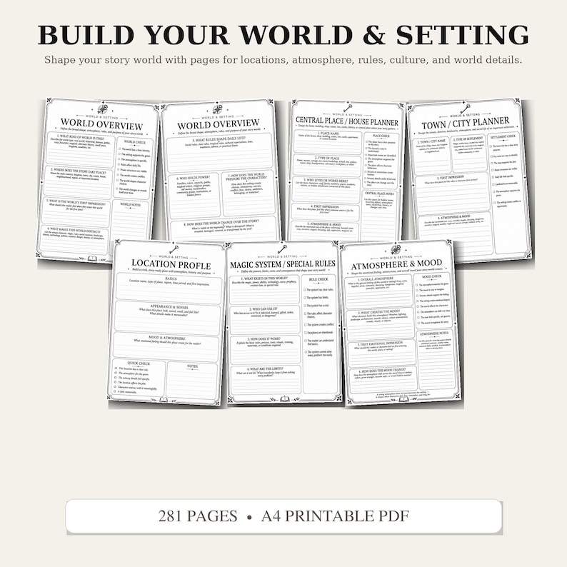 May include: A set of seven printable planner pages titled BUILD YOUR WORLD & SETTING, featuring sections for World Overview, Central Place/House Planner, Town/City Planner, Location Profile, Magic System/Special Rules, and Atmosphere & Mood.