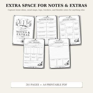 May include: A set of five black and white printable planner pages titled Notes & Extras, Brainstorm/Idea Capture, Mind Map/Diagram, Log/Tracker, and Notes Page. The pages feature decorative borders, quill pen illustrations, and 281 pages in A4 PDF format.