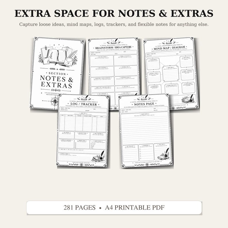 May include: A set of five black and white printable planner pages titled Notes & Extras, Brainstorm/Idea Capture, Mind Map/Diagram, Log/Tracker, and Notes Page. The pages feature decorative borders, quill pen illustrations, and 281 pages in A4 PDF format.