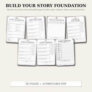 May include: A collection of seven white printable planner pages titled BUILD YOUR STORY FOUNDATION. The pages include sections for Story Dashboard, Name Your Story, Ideas Tracker, Genre & Sub-Genre, Target Audience, Story Promise, and Story Timeline.