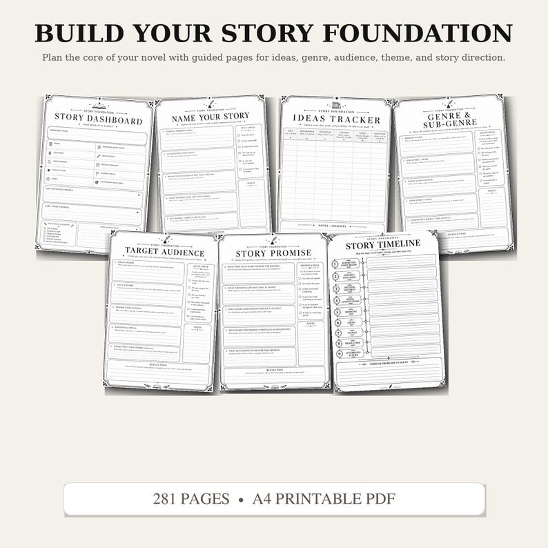 May include: A collection of seven white printable planner pages titled BUILD YOUR STORY FOUNDATION. The pages include sections for Story Dashboard, Name Your Story, Ideas Tracker, Genre & Sub-Genre, Target Audience, Story Promise, and Story Timeline.
