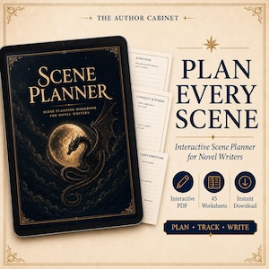 Pode incluir: Um planejador de cenas digital para escritores de romances exibido em uma tela de tablet com uma ilustração de dragão e lua. O texto diz THE AUTHOR CABINET, SCENE PLANNER, PLAN EVERY SCENE, Interactive PDF, 45 Worksheets, Instant Download, PLAN TRACK WRITE.