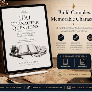 May include: A digital tablet displaying the cover of a workbook titled 100 Character Questions, featuring an inkwell, fountain pen, and open book illustration. The screen also lists features like structured, reflective, and printable formats.