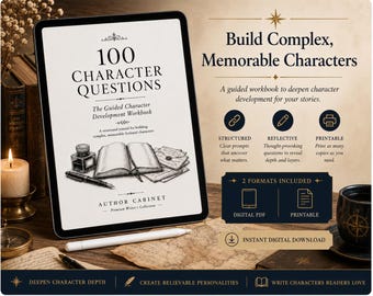 May include: A digital tablet displaying the cover of a workbook titled 100 Character Questions, featuring an inkwell, fountain pen, and open book illustration. The screen also lists features like structured, reflective, and printable formats.